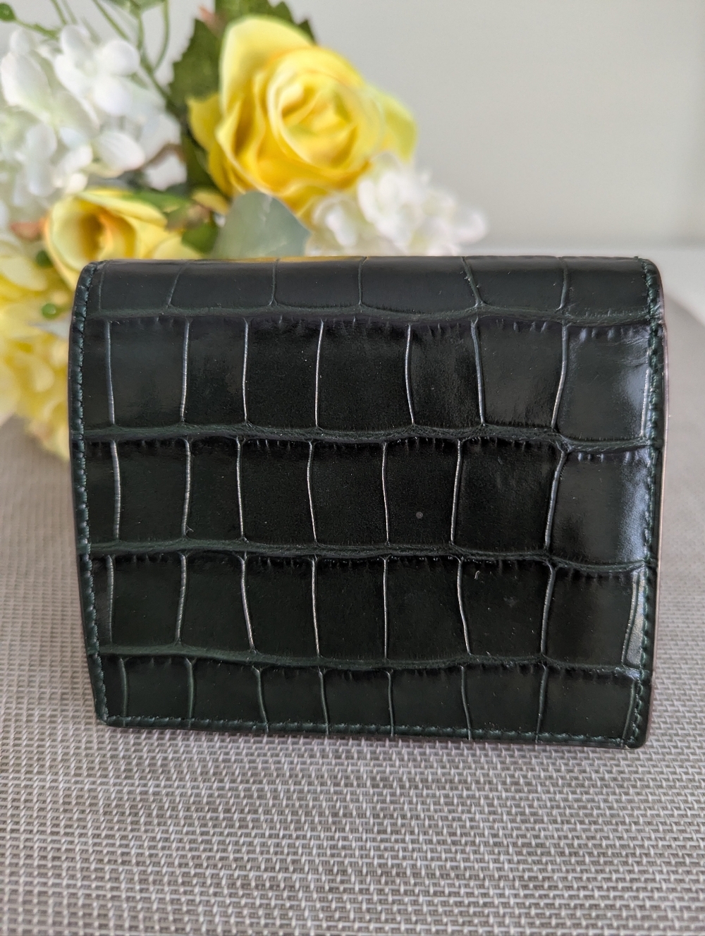Tory Burch Blake Croc Embossed Leather Mini Wallet 4.5” Snap Deep Kelp Jacquard - Picture 3 of 15